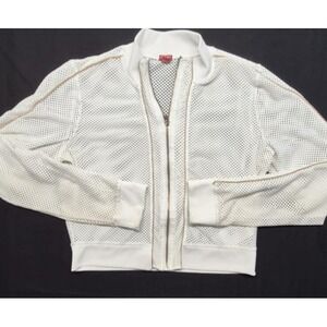 Guess women's mesh knit zip front white jacket with gold color trim sz L